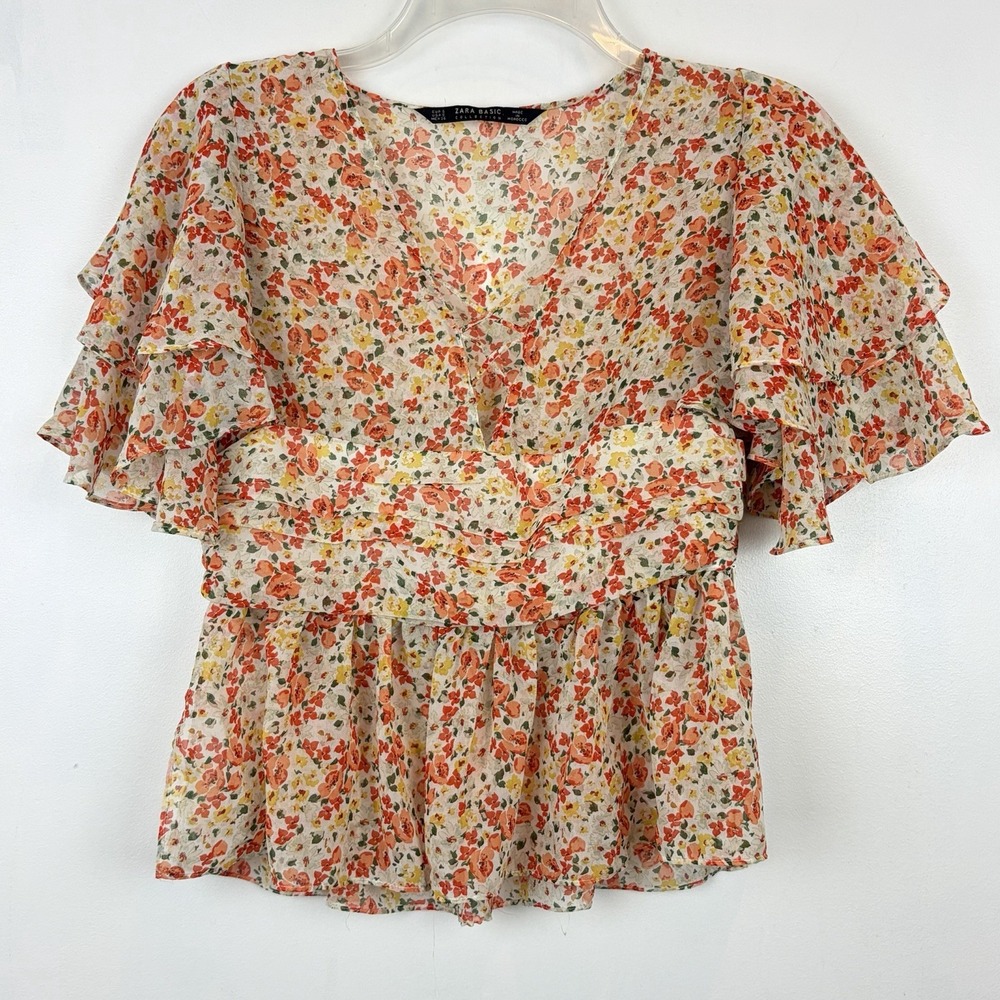 Zara Floral Peplum Top Womens Small Smock Flowy Top Fairy Festival Boho Coquette